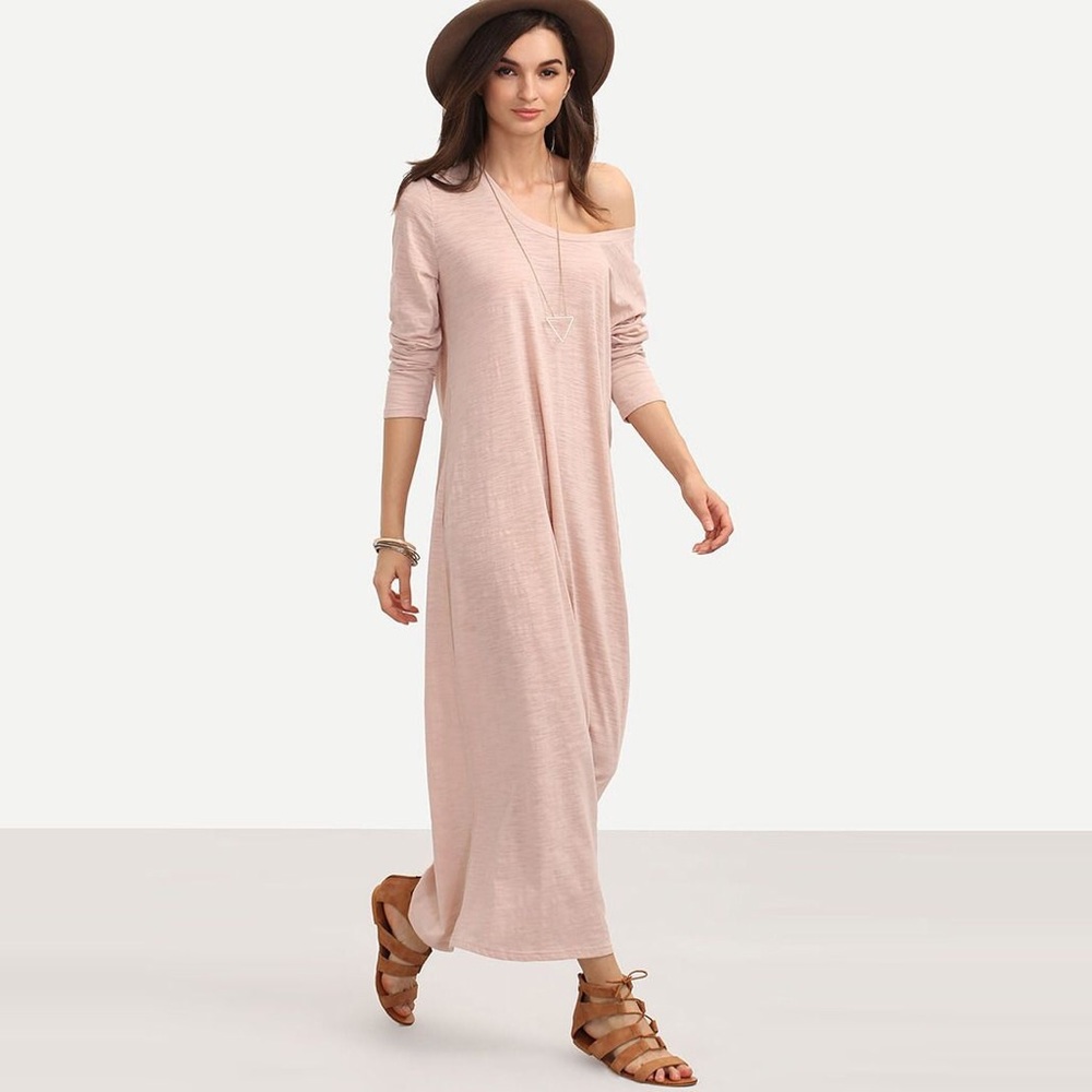 Oversized Side Slit Blush Burnout Knit Long Sleeve Maxi Dress - Picture 4 of 6